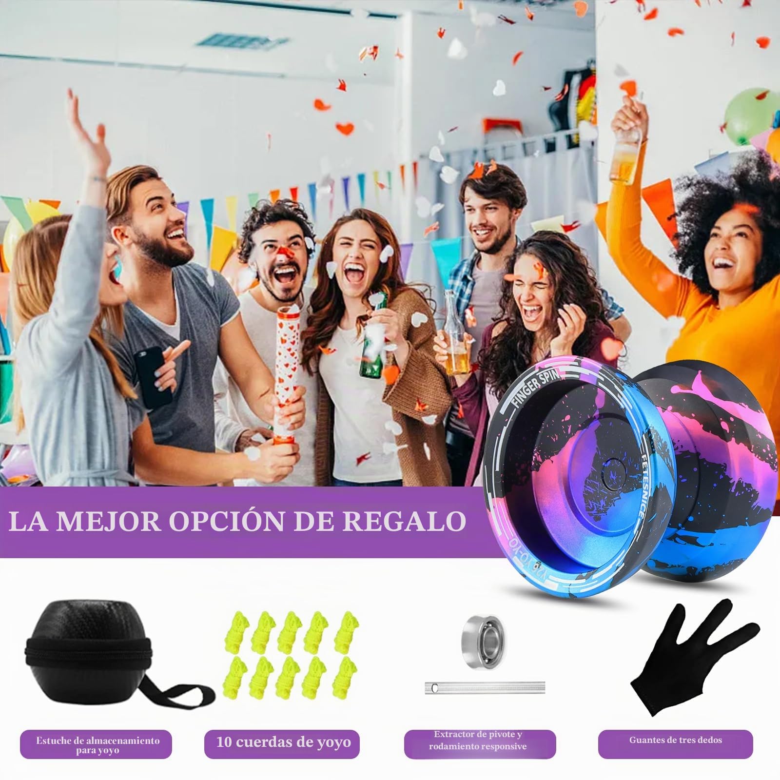 FETESNICE yoyo 002 - Yoyo profesional para niños y adultos, metal doble propósito, mariposas con bolsa, guante, 10 cuerdas