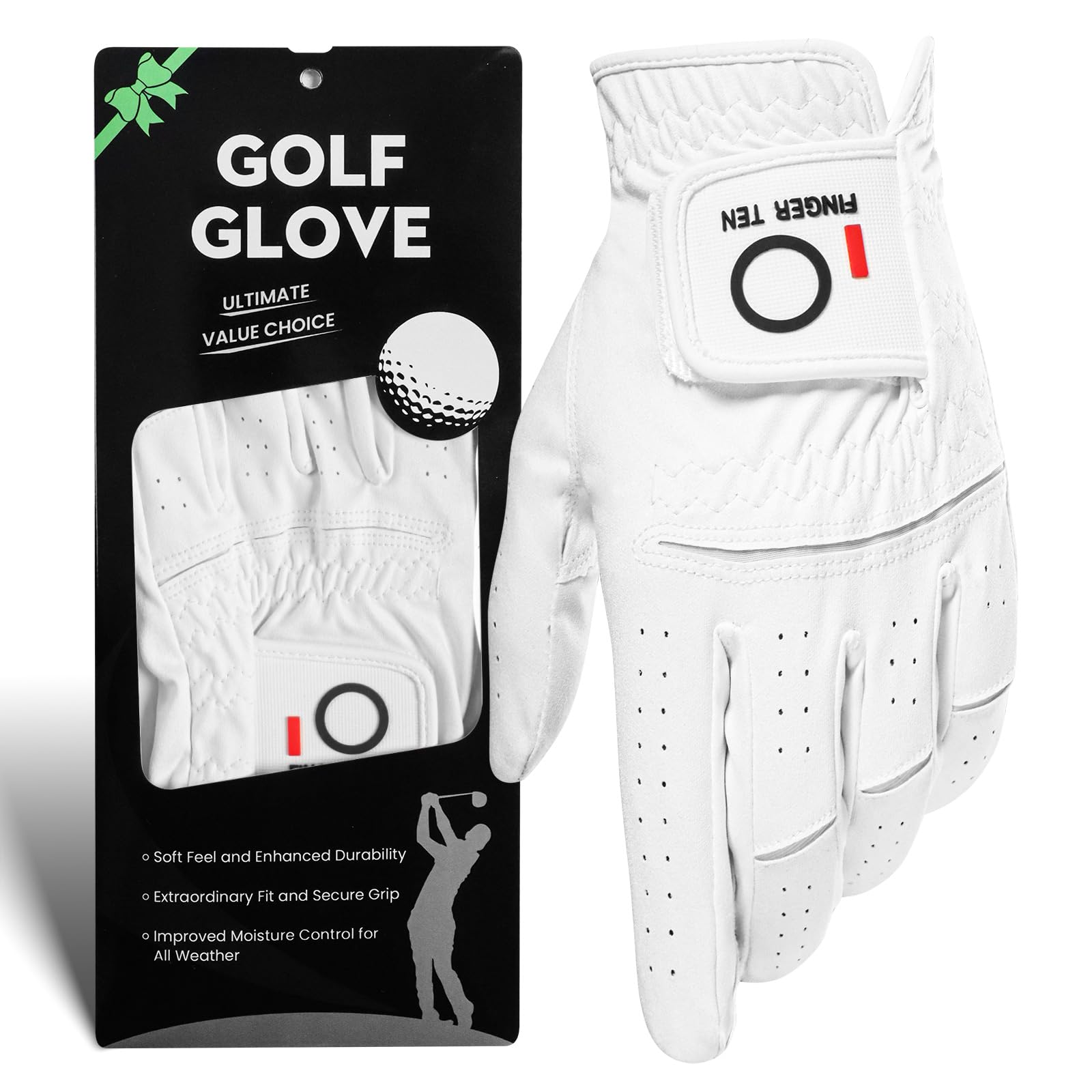 FINGER TEN Golf Gloves Men Left Hand Rain for Right Handed Golfer Grip Weathersof 1 Pc, Mens Golf Glove Wear Resistant Comfort Soft Non Slip Flexible Durable (White, M-L)