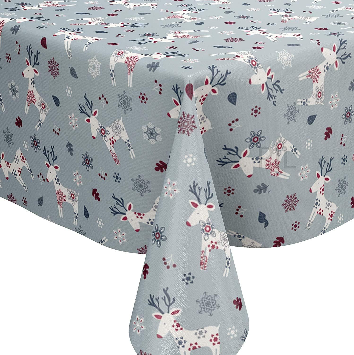 Karina Home Scandi Christmas Reindeer PVC Vinyl Wipe Clean Oilcloth Tablecloth (Blue, 120 x 120cm)