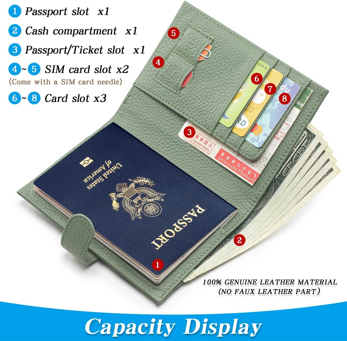 Passport Holder for Travel Women RFID Blocking Genuine Leather Passport Wallet with Card Slots, Zipper Coins Pocket, Cash Holder, Green - Image 2