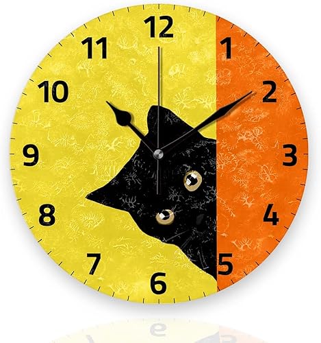 Tiawutal Relojes de pared a pilas de 12 pulgadas, gato negro sobre amarillo, decoración silenciosa del hogar para baño, sala de estar, dormitorio