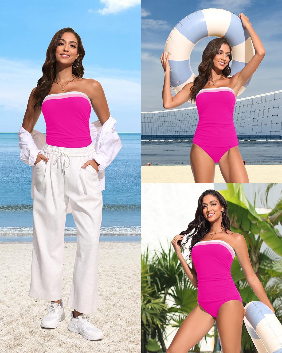 Daci Bandeau Tankini Swimsuits for Women - Two Piece Ruched Tummy Control Bathing Suit Strapless Swimwear with Bottom - Image 2