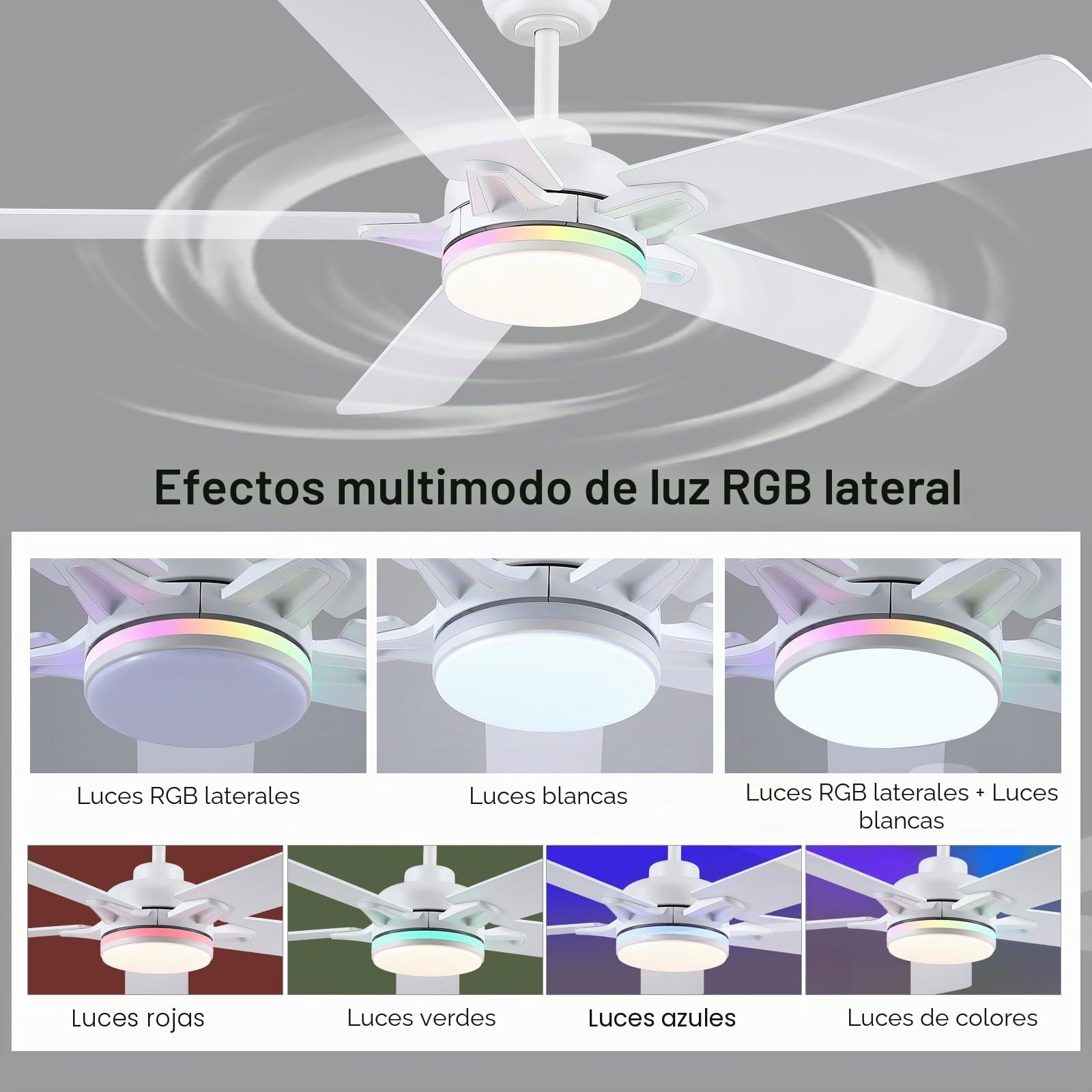 Kviflon RGB Ventilador de Techo con Luz Silencioso 132 cm, Modernos Ventiladores de Techo con Mando a Distancia y APP para Dormitorio Salon, Motor dc Reversible, LED Regulable, Aspas de Madera, Blanco