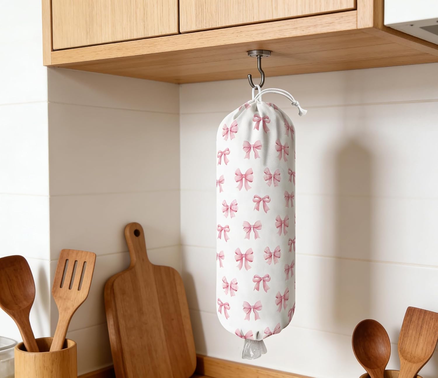 Plastic Bag Holder Wall Mount Grocery Bag Holder for Plastic Bag Plastic Bags Organizer for Kitchen,Cute Cat Home Kitchen Decor Gifts for Women(Bowknot)