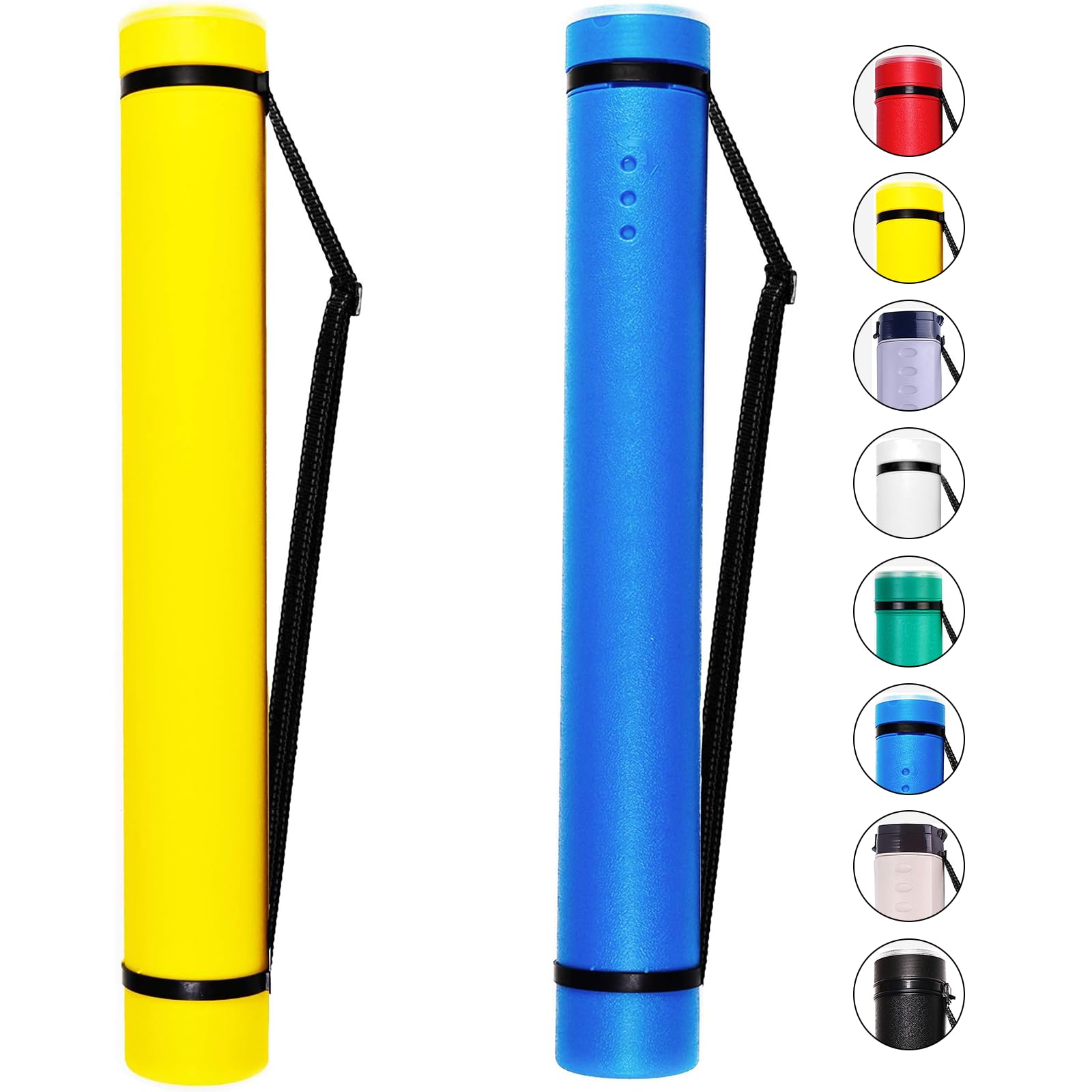 2-pack extendable poster tubes expand from 24.5” to 40” with shoulder strap | carry documents, blueprints, drawings and art | blue and yellow portable durable round storage cases with lids and labels
