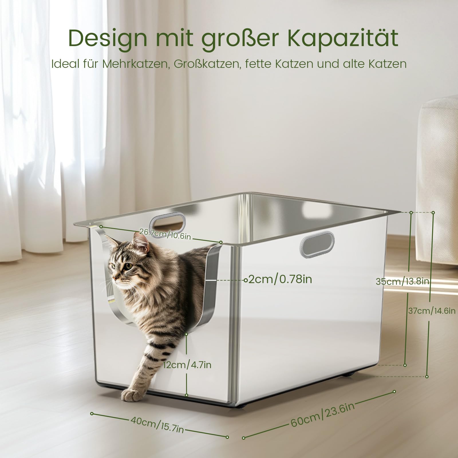 Edelstahl-Katzentoilette Mit Deckel – XXL 60x39x35 Cm, Hohe Seiten, Antihaftbeschichtet, Einfach Zu Reinigen