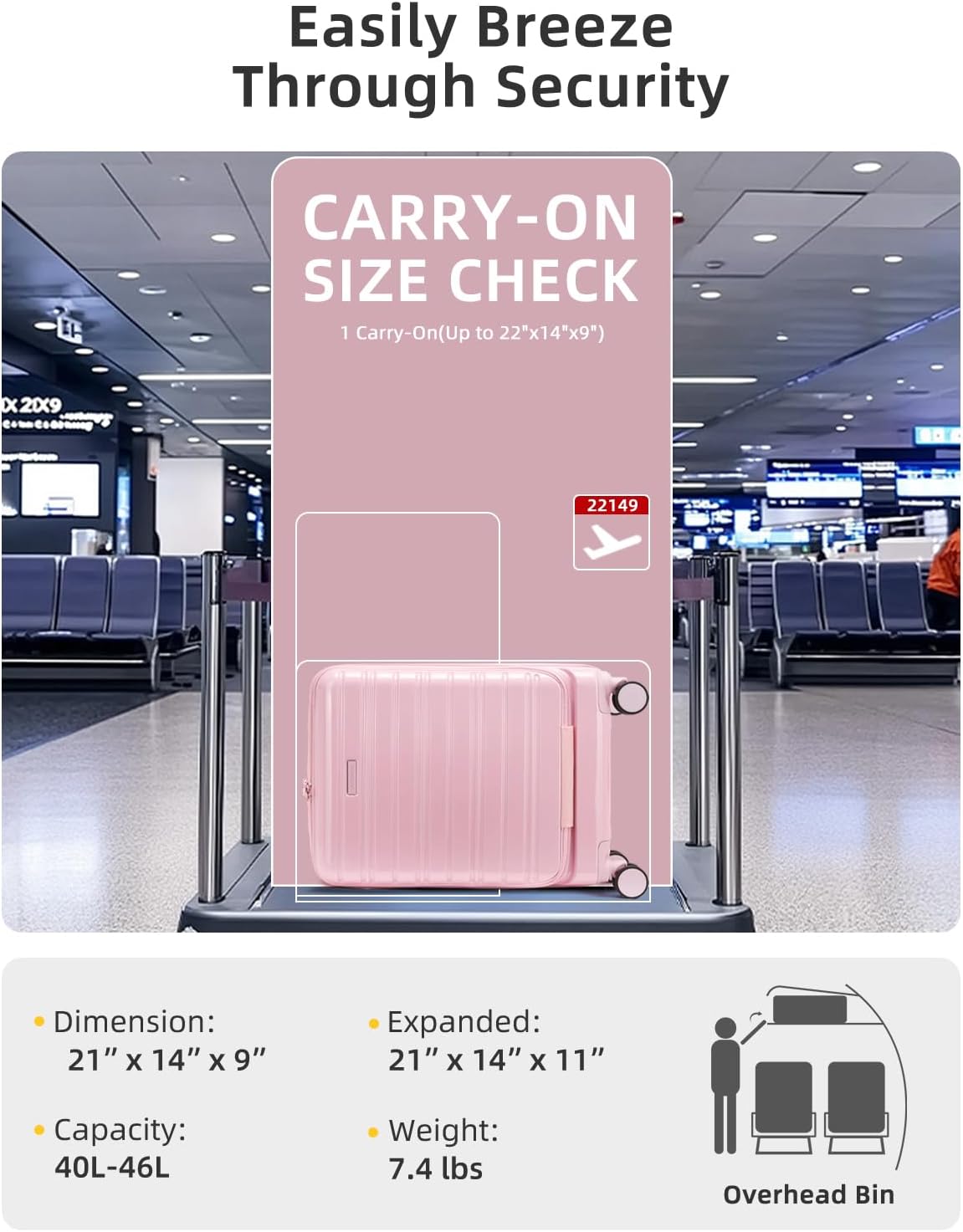 LARVENDER Carry On Luggage 22x14x9 Airline Approved, 20 Inch Expandable PC+ABS Hardside Carry On Luggage with Front Pocket Spinner Wheels TSA Lock for Women Men (Pink) - Image 4