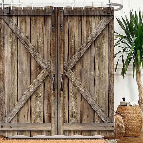 Vista 92 de Cortina de ducha rústica de madera estilo granero, 60 x 70 pulgadas, color beige