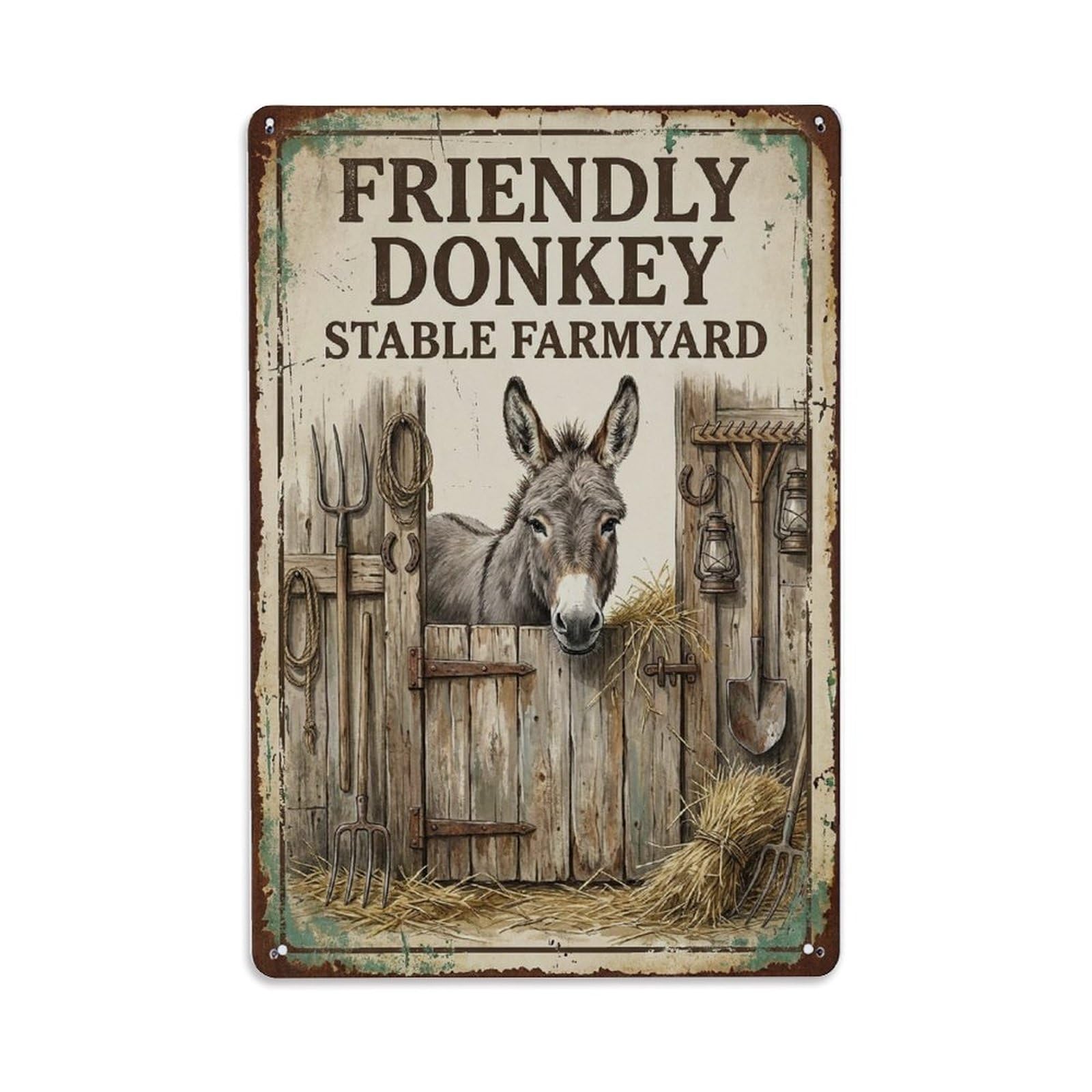 Friendly Donkey Stable Farmyard Companion Metal Tin Sign Plaque Wall Decor for Cafe, Club Bar, Office, Home Garden Metal Poster 8x12Inch