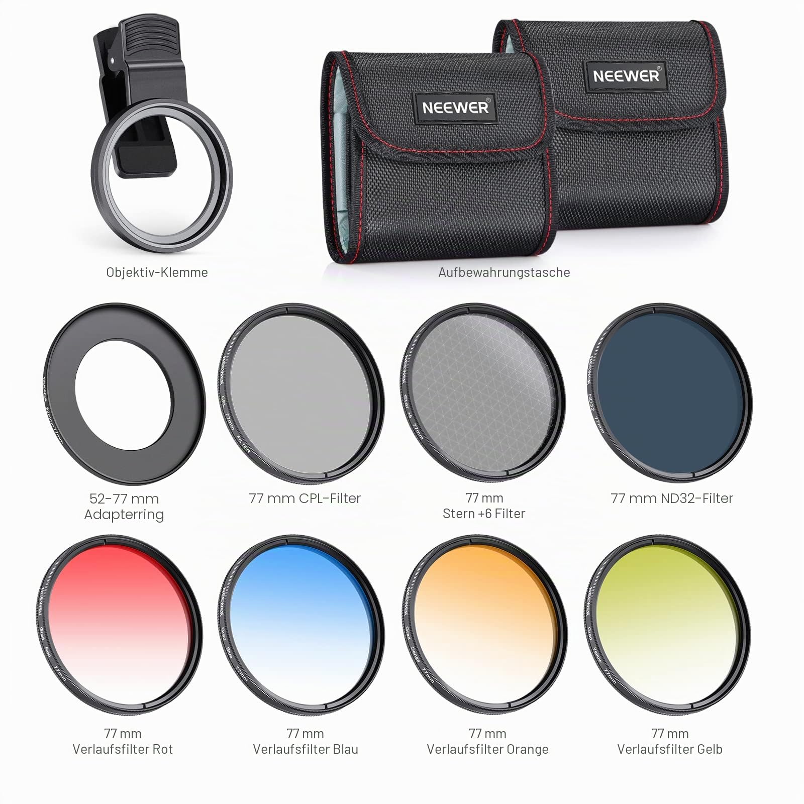 NEEWER 77mm Objektivfilter Set mit Handy Objektivclip, CPL + ND32 + Stern + 4 abgestufte Farbfilter Kompatibel mit iPhone 17, 16, 16e, 15, 14 Pro Max, Canon, Nikon und Sony Kameras