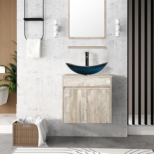 Miniatura 2 de eclife Juego de lavabo de tocador de baño de 24 pulgadas, montaje en pared, color gris hormigón, cubierta de fregadero de vidrio templado, con grifo