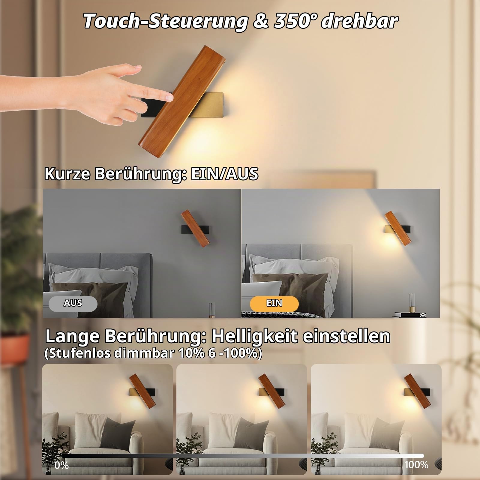 Dorlink Led Wandleuchte Innen mit Touch Schalter Stufenlos Dimmbar,3000k Warmweiß Holz Wandlampe,350°Drehbarer Wandlampe Innen,Moderne Wandleuchten für Schlafzimmer,Flur,Treppenhaus,Veranda