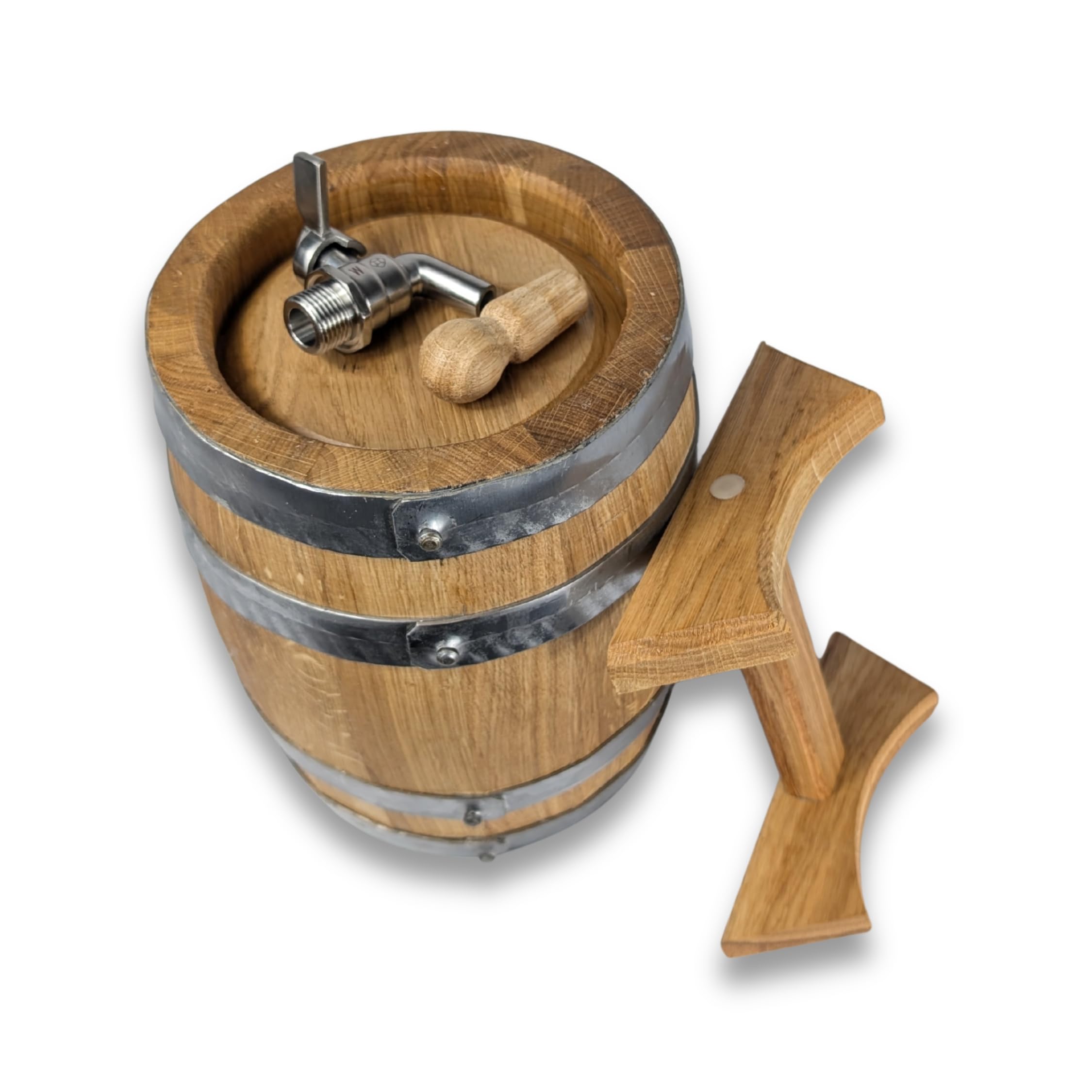 Eichenfass 3L mit Edelstahlzapfhahn – Holzfass für Whisky, Wein, Schnaps – Geflammtes Weinfass Fass mit Edelstahlreifen & Bock – Geschenk & Deko klein