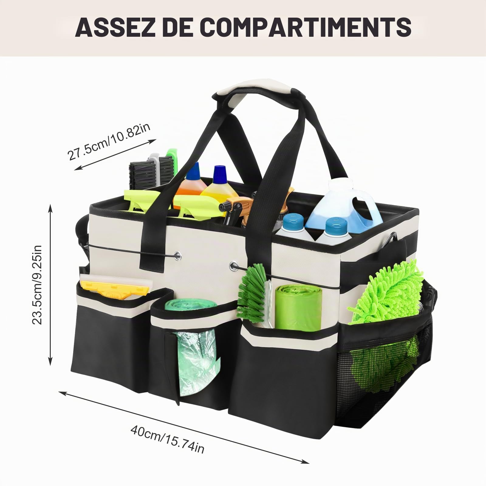 Qivine Grand Panier Rangement de Nettoyage, 5 Compartiments Seau de Rangement avec Séparateur Réglable, Organisateur de Caddie Sac de Nettoyage avec Poignée pour la Maison et la Voiture (Blanc)