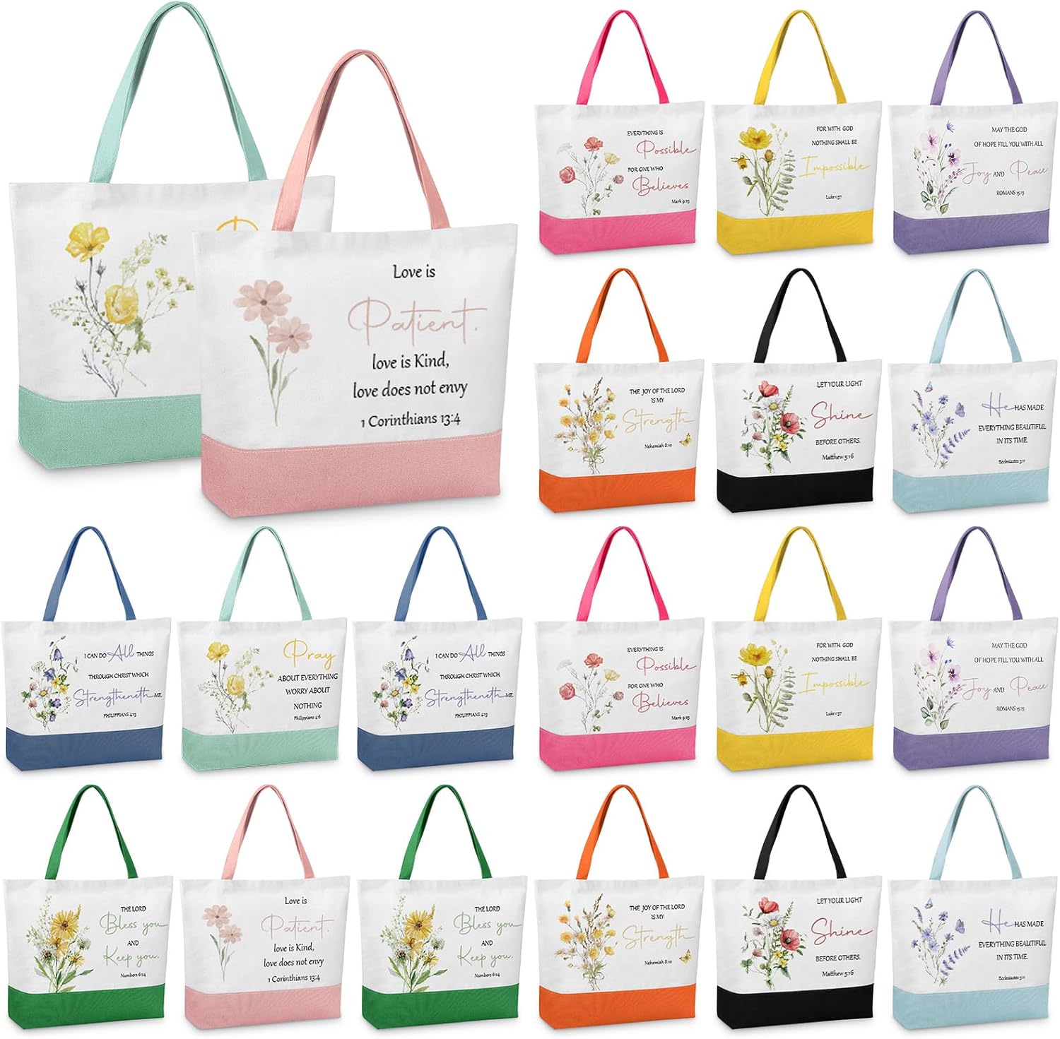 20 Pcs Christian Bible Canvas Tote Bags Religious Tote Bags Bulk Christian Religious Gifts for Women, Bible Verse Floral Canvas Handbag Birthday Christmas Gift Bulk for Women Faith