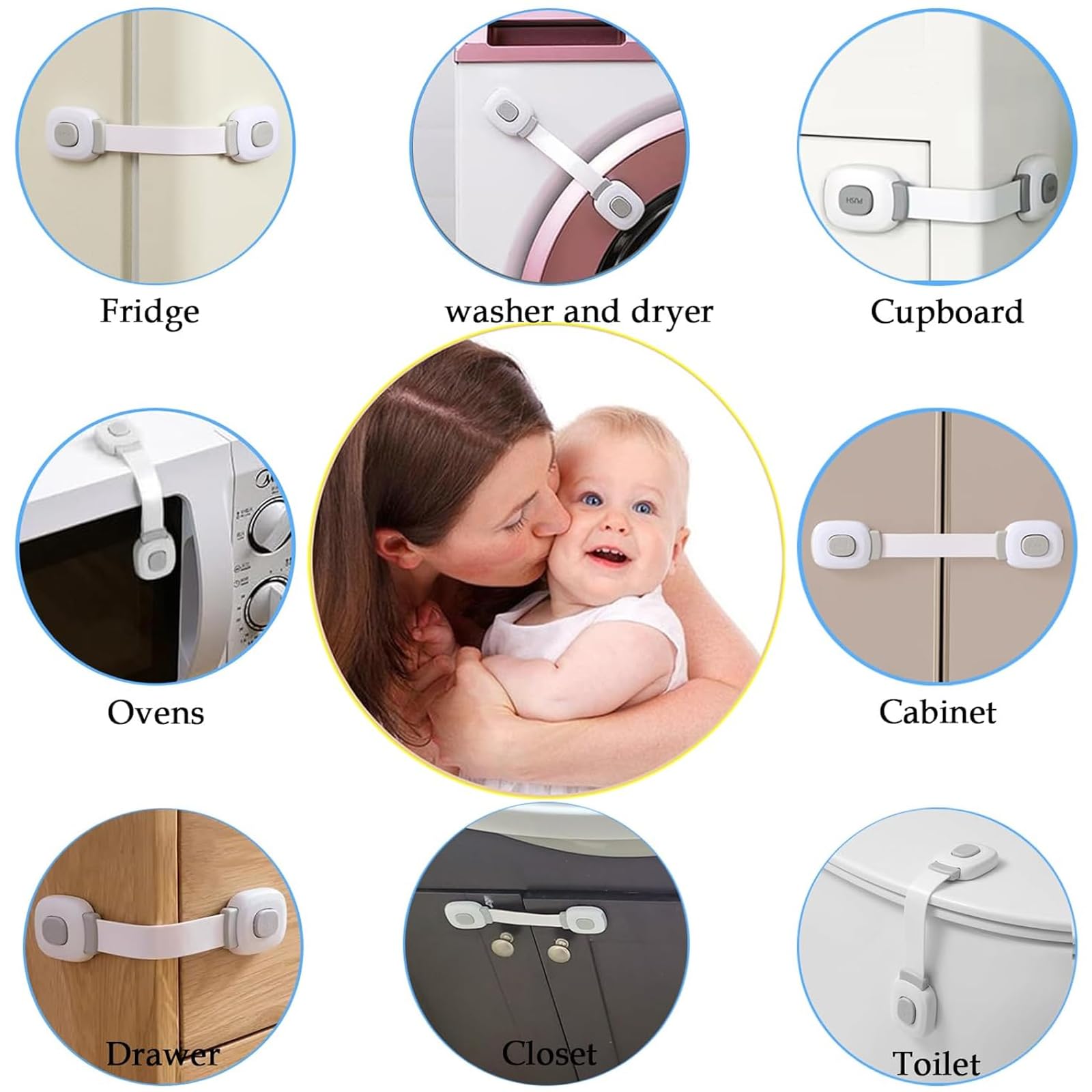 Fursafe&Q Cerraduras de gabinete de bebé, a prueba de gabinete de seguridad para niños, cerraduras adhesivas para cajones, nevera, hornos, puertas, inodoros, sin taladro, multiusos para muebles,