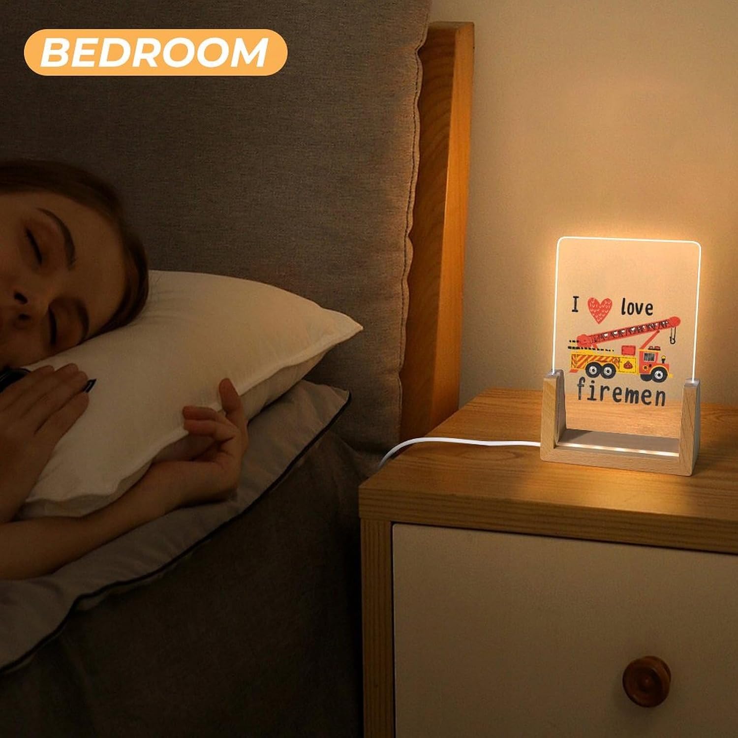 I Ove Fireman Funny Acrylic Night LED Light with Wooden Base and USB Cable Desk Lamp for Nightstand image 4