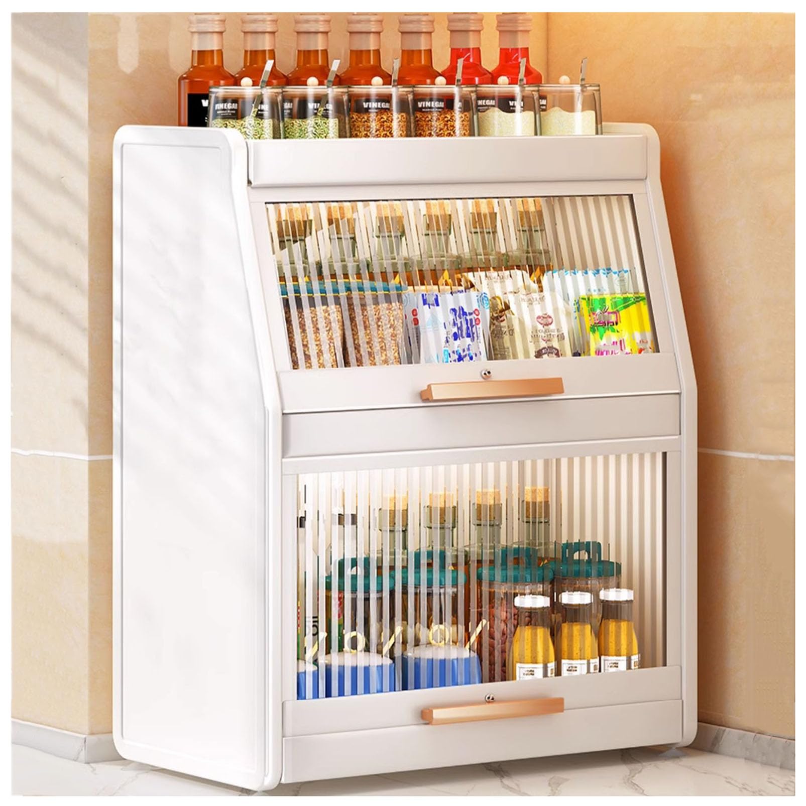 Organizador de especias para encimera de cocina, armario de almacenamiento de condimentos de acero resistente con puertas, mini organizador de despensa que ahorra espacio para un almacenamiento