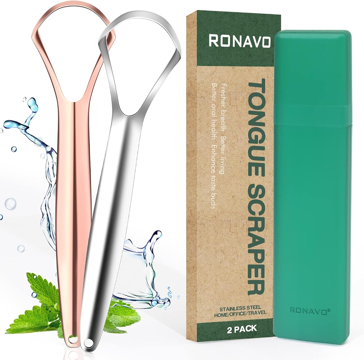 Tongue Scraper for Adults, Two Colors Designed for Couples, Cure Bad Breath, Tongue Cleaners Stainless Steel, Metal Tongue Scrapers for Oral Care & Hygiene (2 Pack)