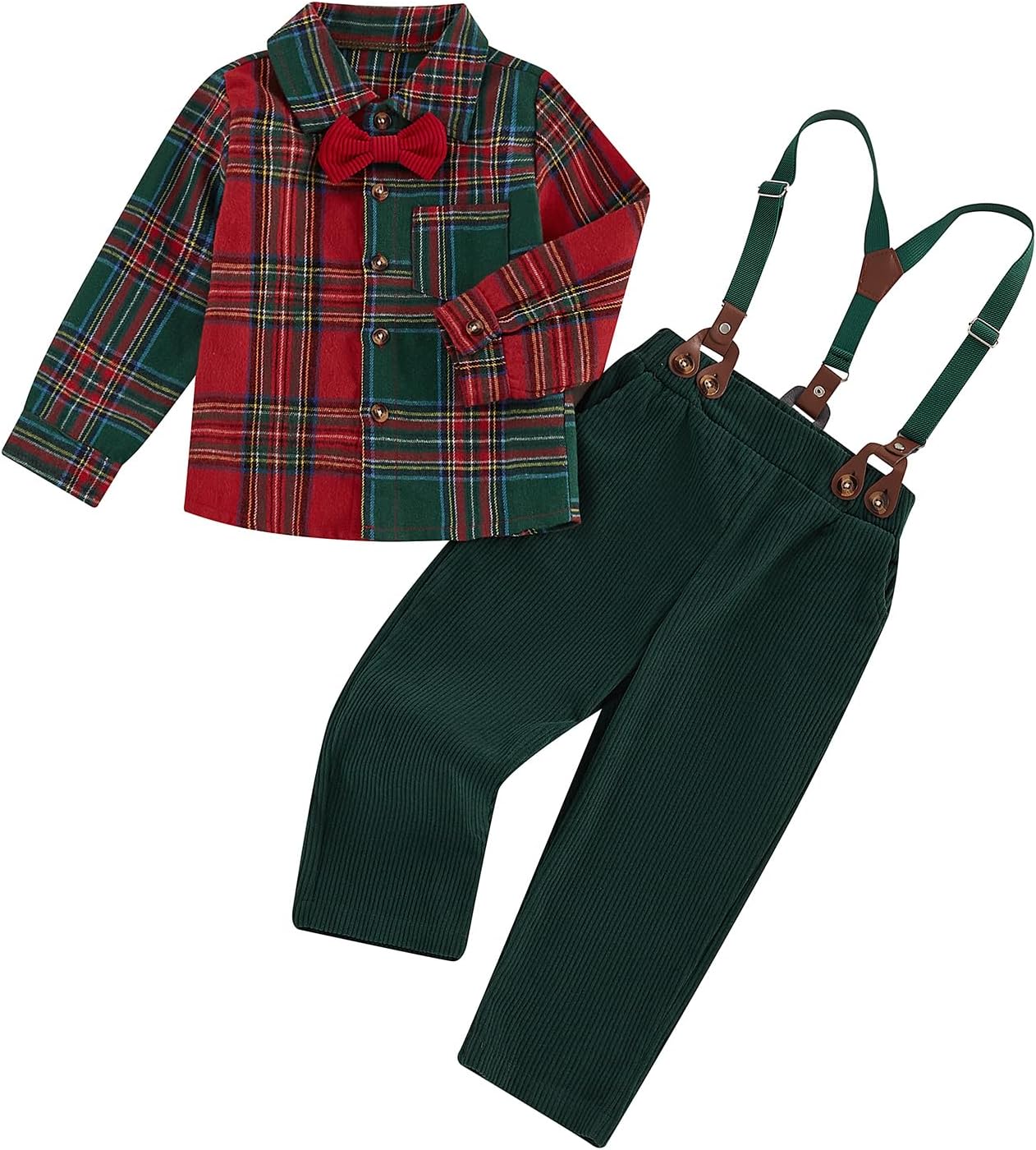 Christmas Boys Suit Bow Tie Long Sleeve Plaid Shirt Suspender Long Pants Formal Gentleman Kids Outfits