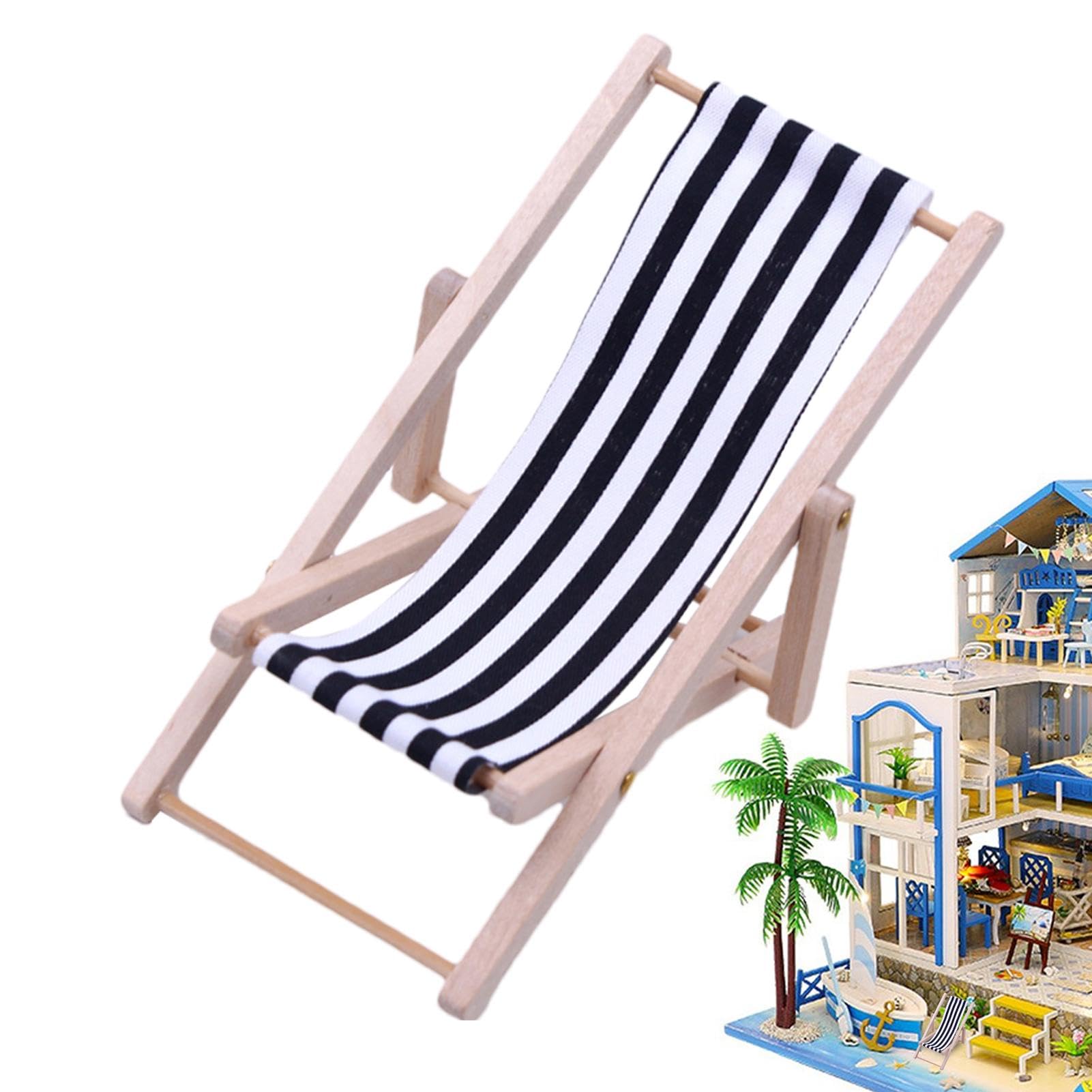 Mini Chaise De Plage Pliable 5×7,5×6 Cm – Décorative En Bois Et Tissu – Support De Téléphone – Accessoire Maquette