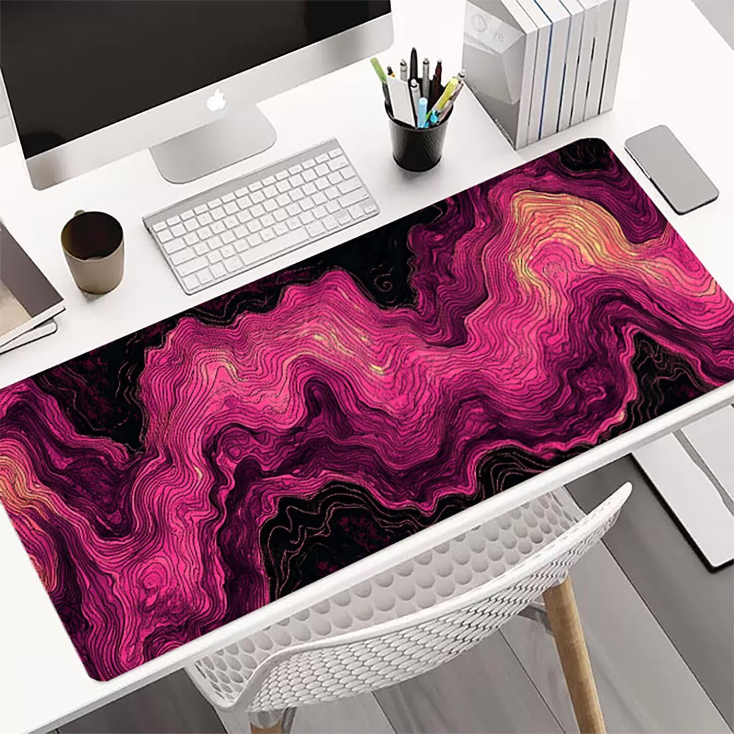 Lpfieonn Rosa Großes Schreibtischunterlage, XXL Schreibtischunterlagen, Schwarz XXL Wasserdicht Gaming Mousepad mit Vernähter Rand und Rutschfeste Gummibasis, für Laptop/Hause/Büro 120x60cm PF-2441