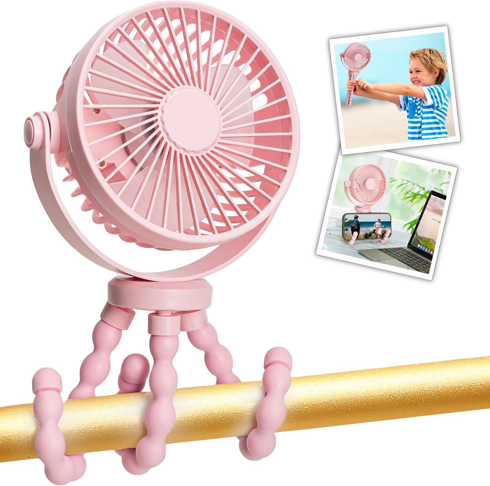 Mini Handheld Personal Portable Fan, Baby Stroller Fan, Car Seat USB or Battery Powered, with Flexible Tripod Clip on Student Bed Desk Bike Crib Treadmill Camping Traveling(Pink)