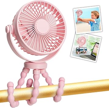 snawowo Mini Handheld Personal Portable Fan, Baby Stroller Fan, Car Seat USB or Battery Powered, with Flexible Tripod Clip on Student Bed Desk Bike Crib Treadmill Camping Traveling(Pink)