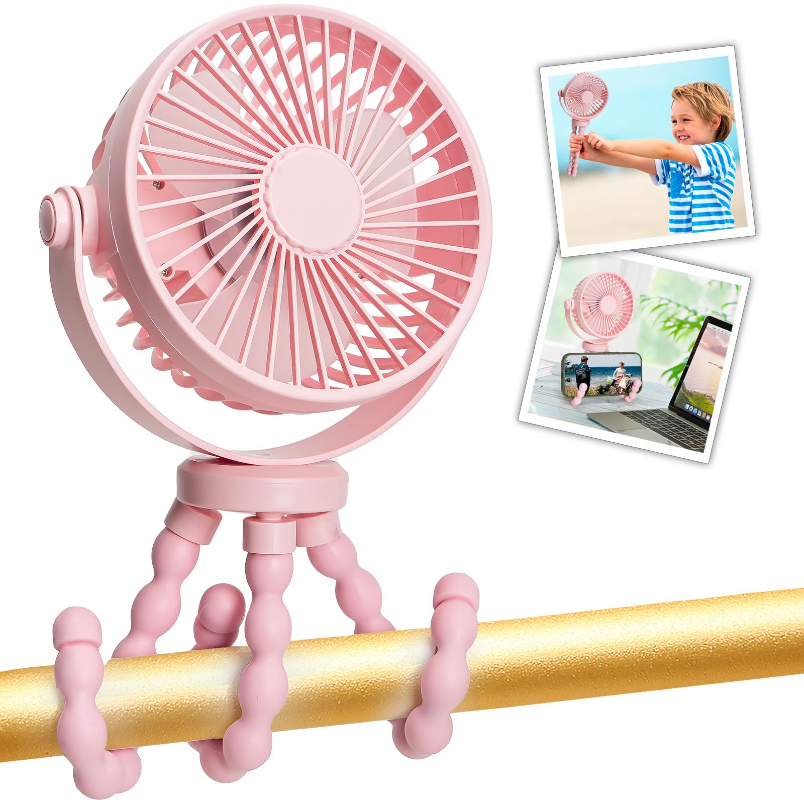 snawowo Mini Handheld Personal Portable Fan, Baby Stroller Fan, Car Seat USB or Battery Powered, with Flexible Tripod Clip on Student Bed Desk Bike Crib Treadmill Camping Traveling(Pink)