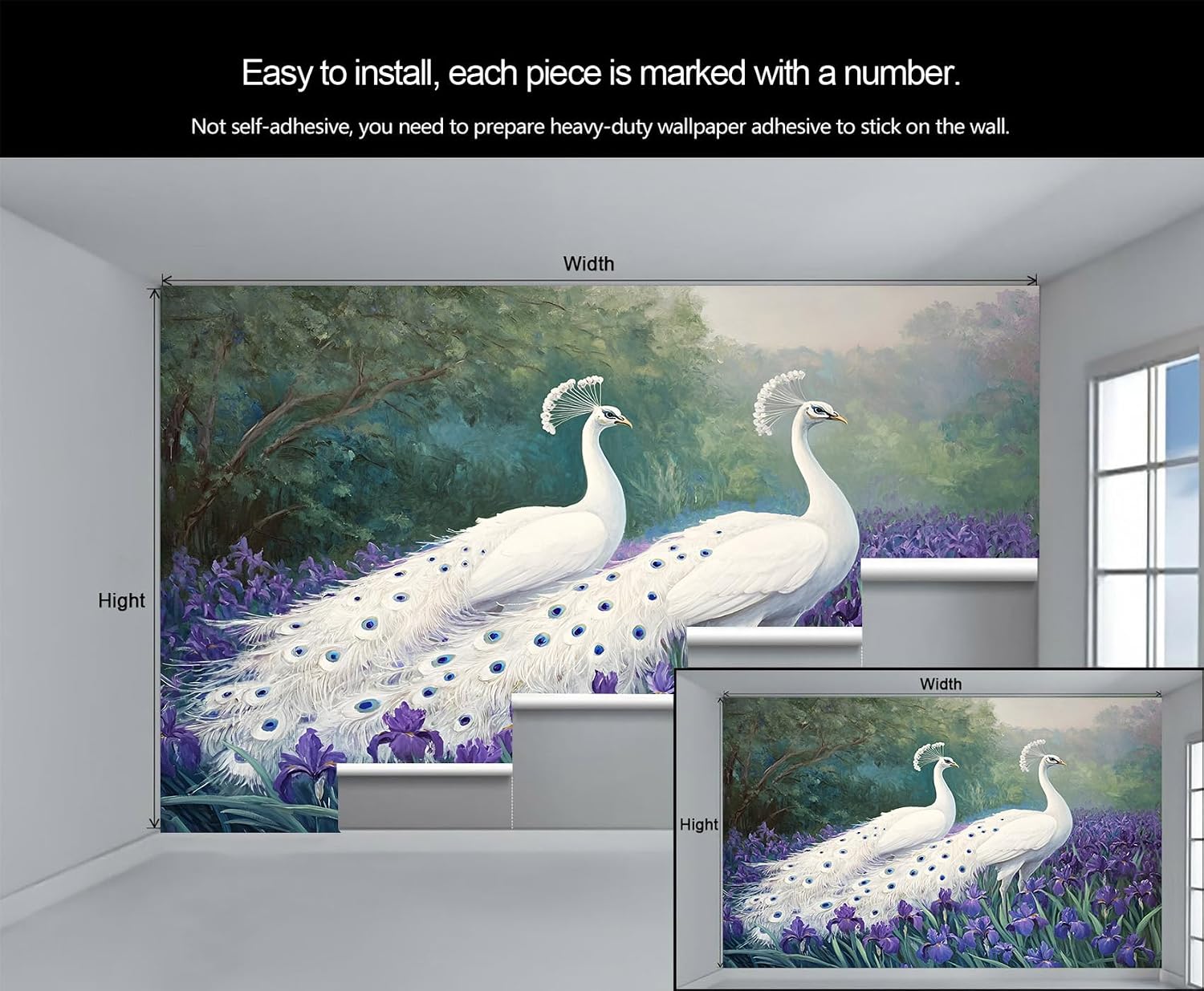 Peacock Mural Wallpaper, White Peacock Wall Mural, Photo Print Wallpaper for Living Room Bedroom TV Background Hotel Bar Decor - 78.7" W x 55.1" H