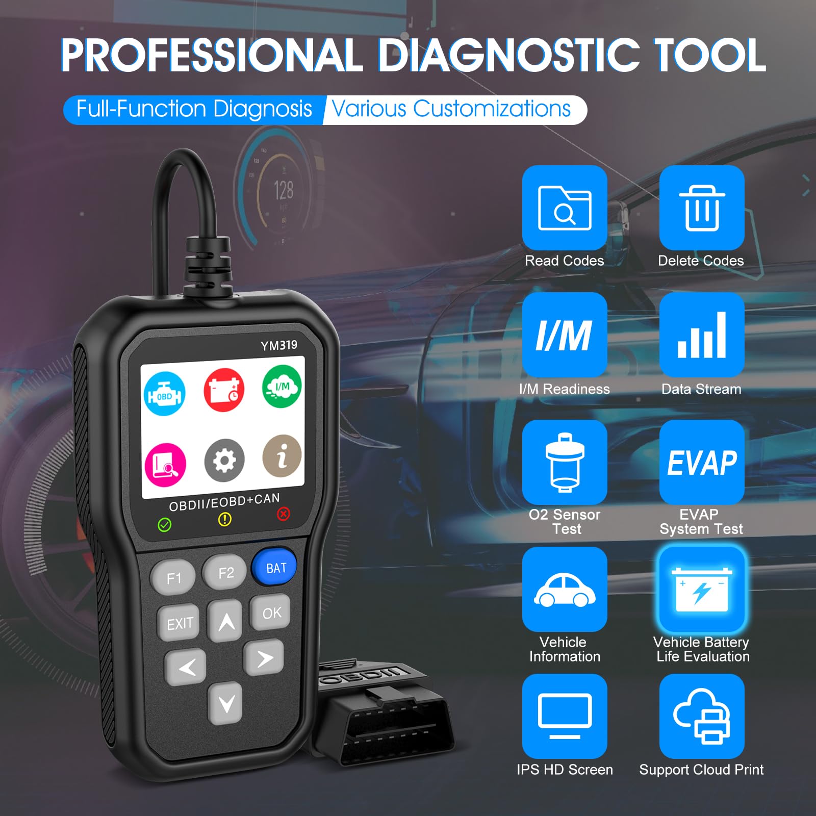OBD2/EOBD Auto Diagnostica Italiano, AIOMEST Motore Scanner Diagnostico Diagnosi Auto Professionale, Car Lettore Guasti con Ricerca DTC, Monitoraggio Batteria, 2.4" IPS, Compatibile Auto dal 1996