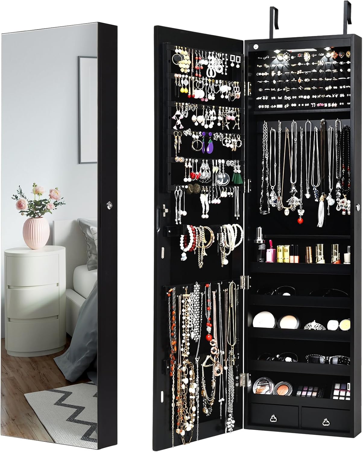 LDAILY Jewelry Armoire Wall or Door Mounted, Full-Length Mirror with Storage, Lockable Mirror Jewelry Cabinet w/ 2 Drawers, LED Lights, Over the Door Jewelry Organizer Box for Women Girls