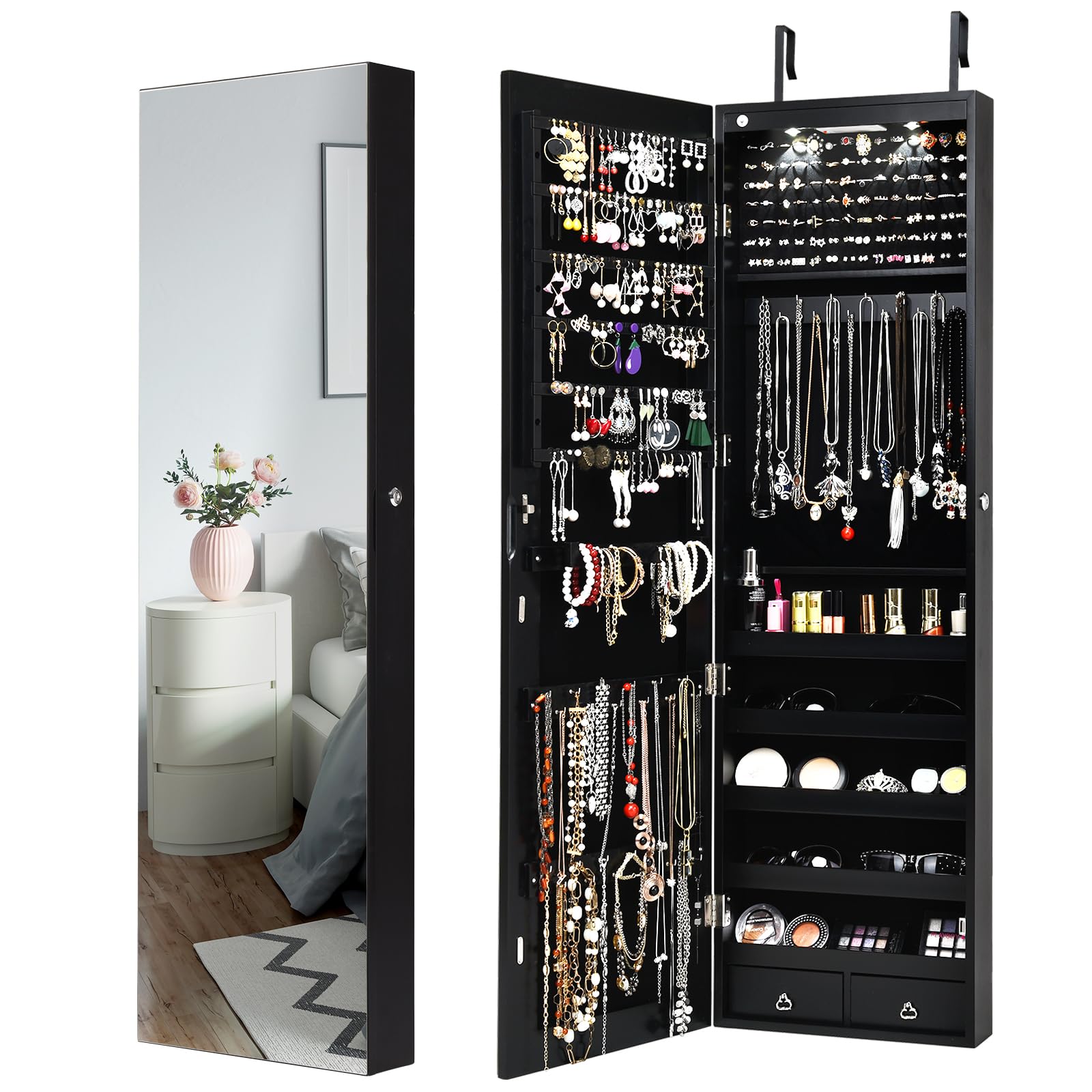 LDAILY Jewelry Armoire Wall or Door Mounted, Full-Length Mirror with Storage, Lockable Mirror Jewelry Cabinet w/ 2 Drawers, LED Lights, Over the Door Jewelry Organizer Box for Women Girls