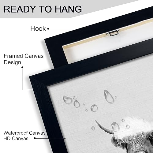 Miniatura 4 de Divertido arte de pared enmarcado de vaca Highland en bañera, lienzo blanco y negro de vaca en el baño, imagen de baño de granja, decoración de