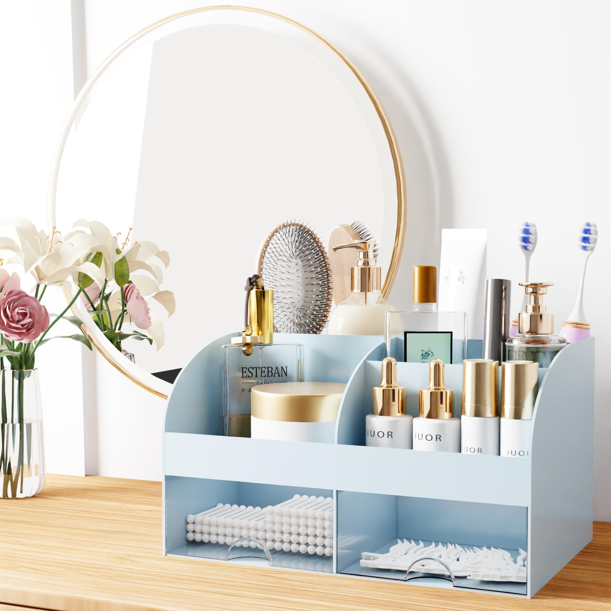Makeup Organizer with Drawers, Cosmetic Storage for Dresser Vanity and Bathroom Countertop, Beauty Holder for Lipstick Brush, Skincare Organizer for Vanity, Cosmetic Display Case (White) 1