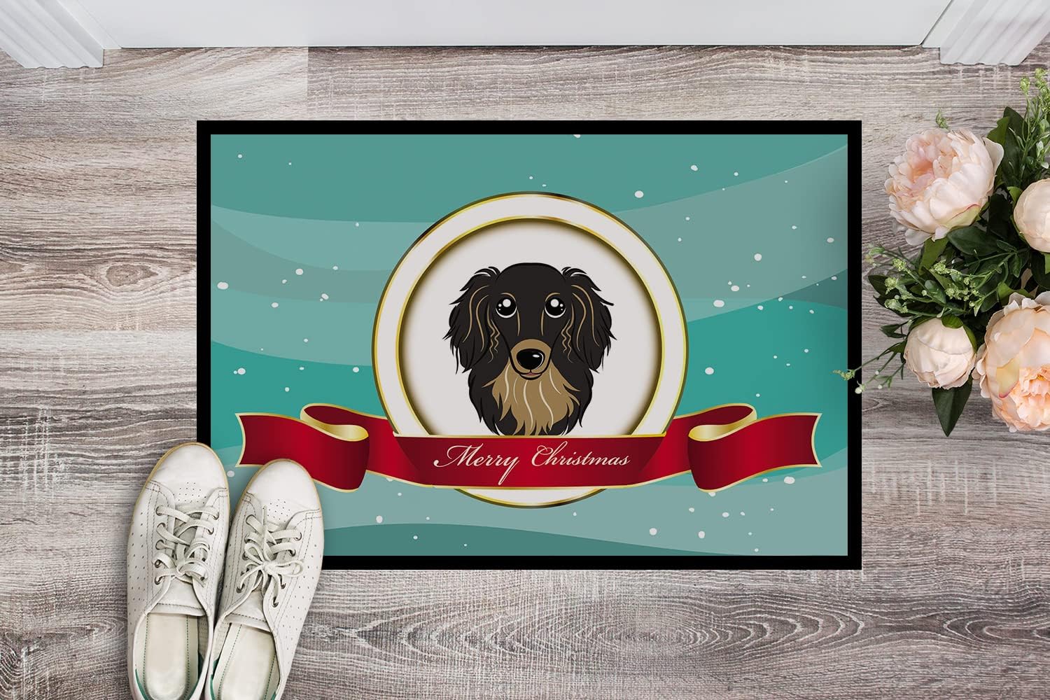 Caroline's Treasures BB1523MAT Longhair Black and Tan Dachshund Merry Christmas Doormat 18x27 Front Door Mat Indoor Outdoor Rugs for Entryway, Non Slip Washable Low Pile, 18H X 27W