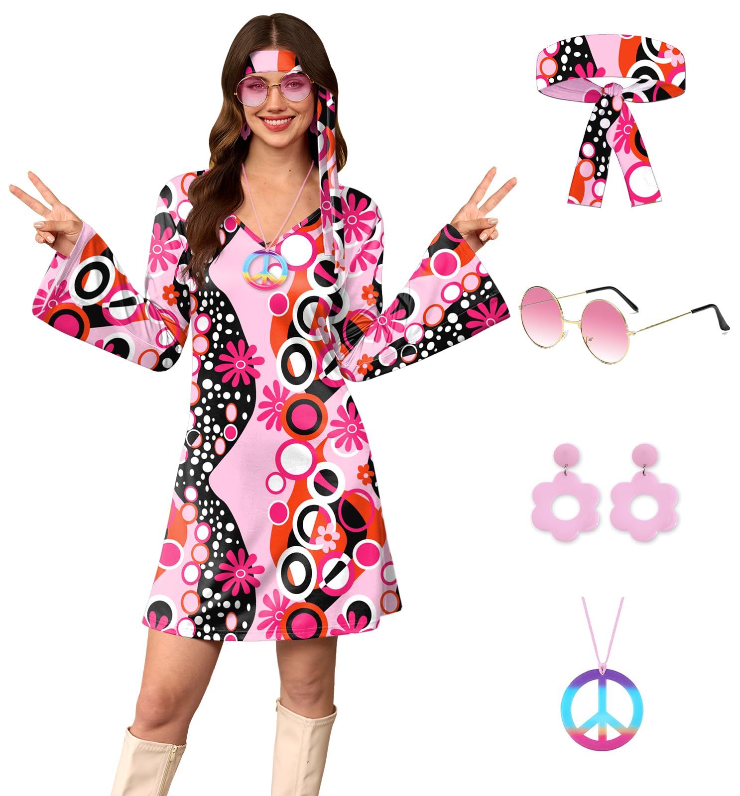 For G and PL Women's 5 Pcs Summer 70s Hippy Fancy Flare Sleeve Costume Retro Groovy Dress Pink M