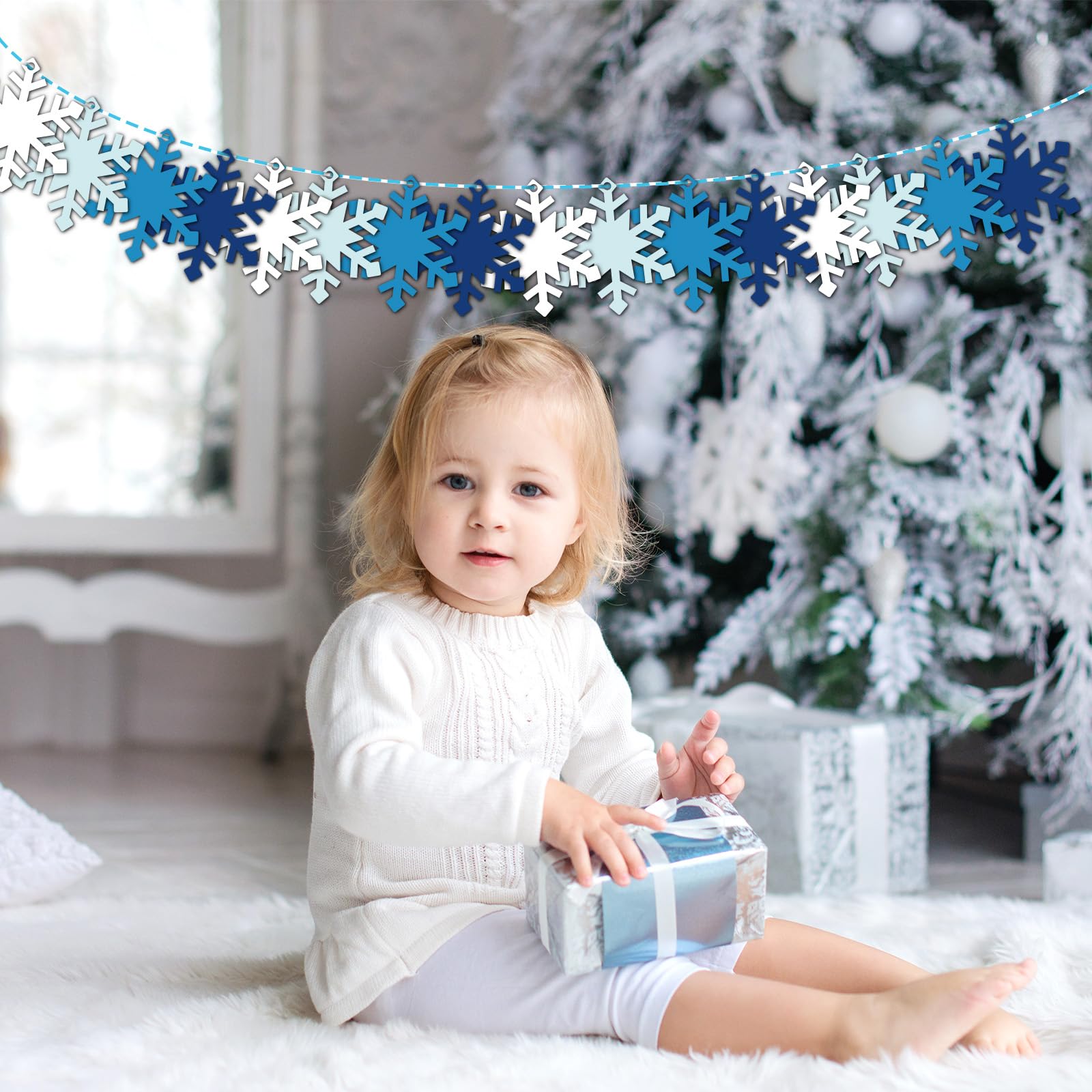 Whaline 120 Stück Weihnachts-Winter-Papier-Geschenkanhänger mit Hanfseil, weiß-blaue Schneeflocke, hängende Anhänger mit vorgestanzten Löchern, Weihnachtsgeschenke, Wunsch-Etiketten, 4 Farben
