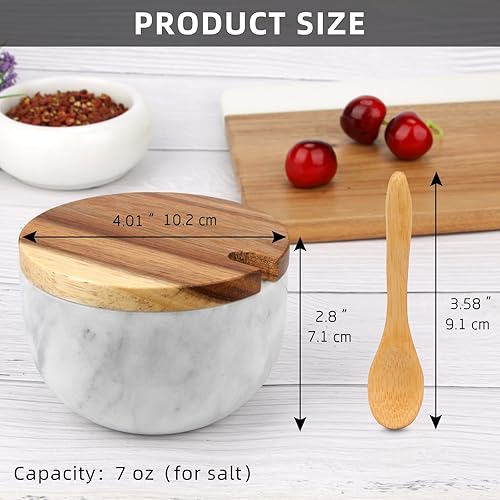 Miniatura 10 de HESHIBI Caja de madera para salar con tapa y cuchara de mármol, moderna piedra negra con sal o pimienta, condimentos para especias y azúcar,
