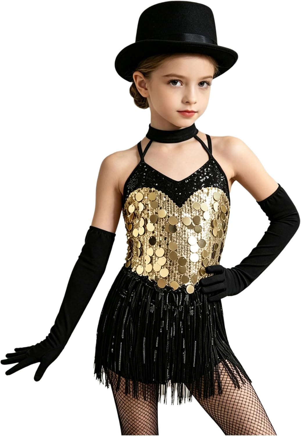 Jugaoge Girls Fringe Latin Dance Dress with Gloves Sparkly Sequin V Neck Sleeveless Jazz Hip Hop Rumba Leotard for Stage Show