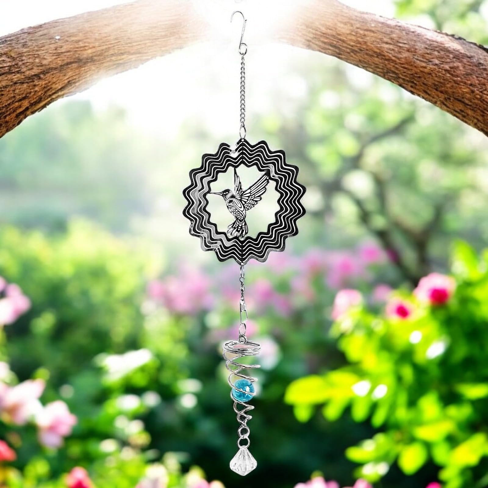 Hummingbird Stainless Steel Hanging Spiral Spinner – 80cm x 15cm | 3D Kinetic Wind Sculpture for Garden, Patio & Home Décor