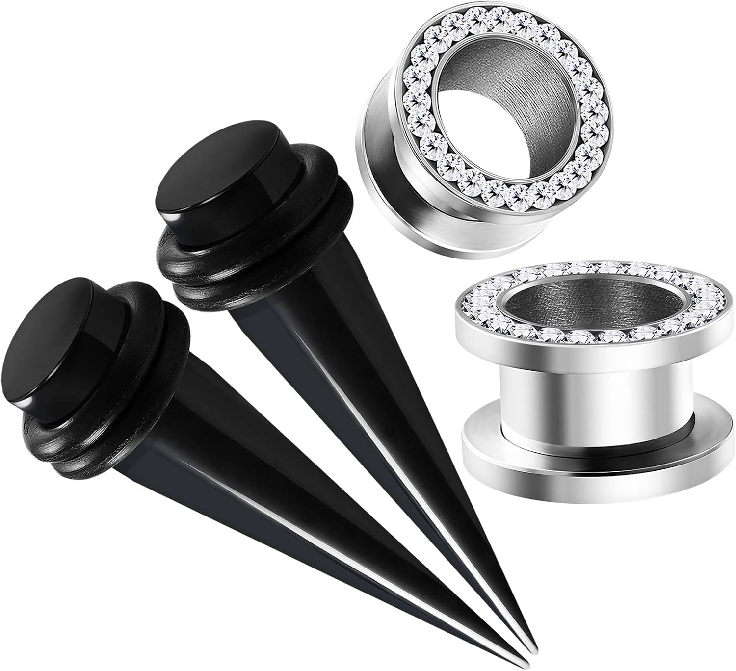2 Pairs Black Acrylic Taper Expander 316L Surgical Steel Screw flesh Tunnel Piercing Stretcher Clear Crystal Ear Plug Earring