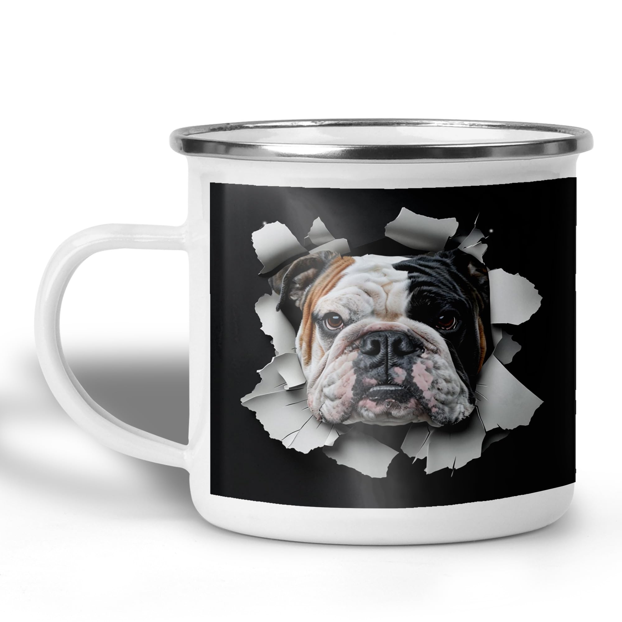 English Bulldog Face Wall Break Camping Mug, 12oz Coffee Cup for Outdoor Dog Fans, Realistic Pet Expression Enamel Campfire Cup, Black Background Metal Drinkware Gift for Animal Lovers