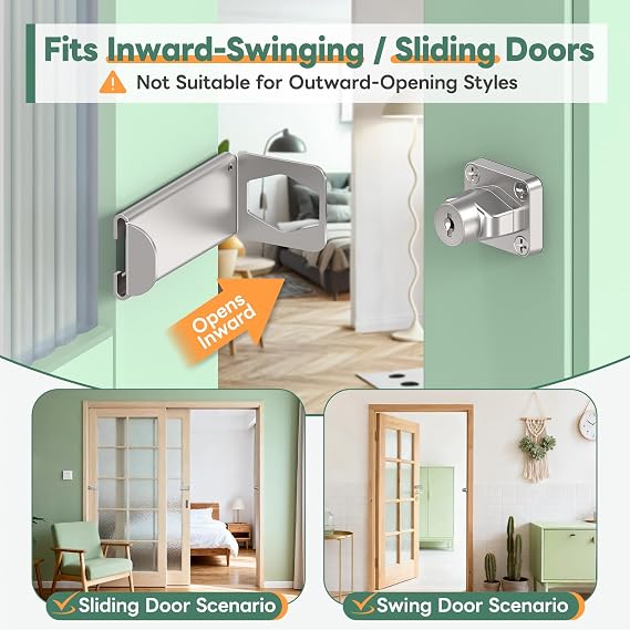 Sliding Door Lock with Key, 90 Degree Security Latch Silver