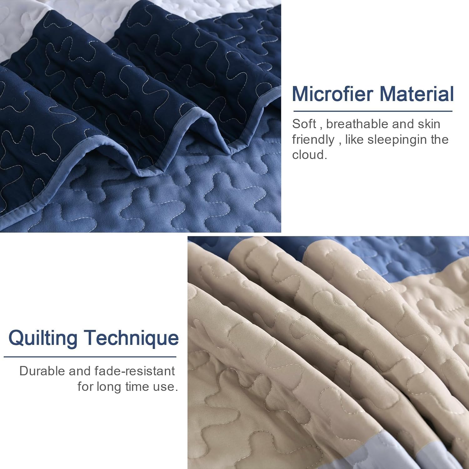 Dinjoy Blue Boho Quilt Set Queen Size, Fall Striped Bedspread Lightweight Farmhouse Bedding Sets 3 Pieces Micofiber Patchwork Coverlet with 2 Pillowcases for Men Bed - Image 5