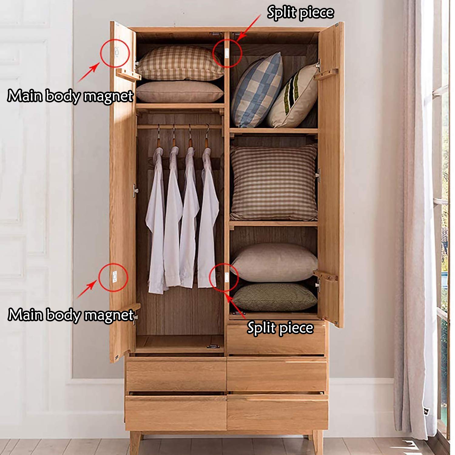 Calamita Porta, 8 Pezzi calamite magnetiche ultra sottili, Adesivo Potente Magnete Chiusura con Viti per Ante Mobili Cassetti Chiudiporta Armadio Cucina