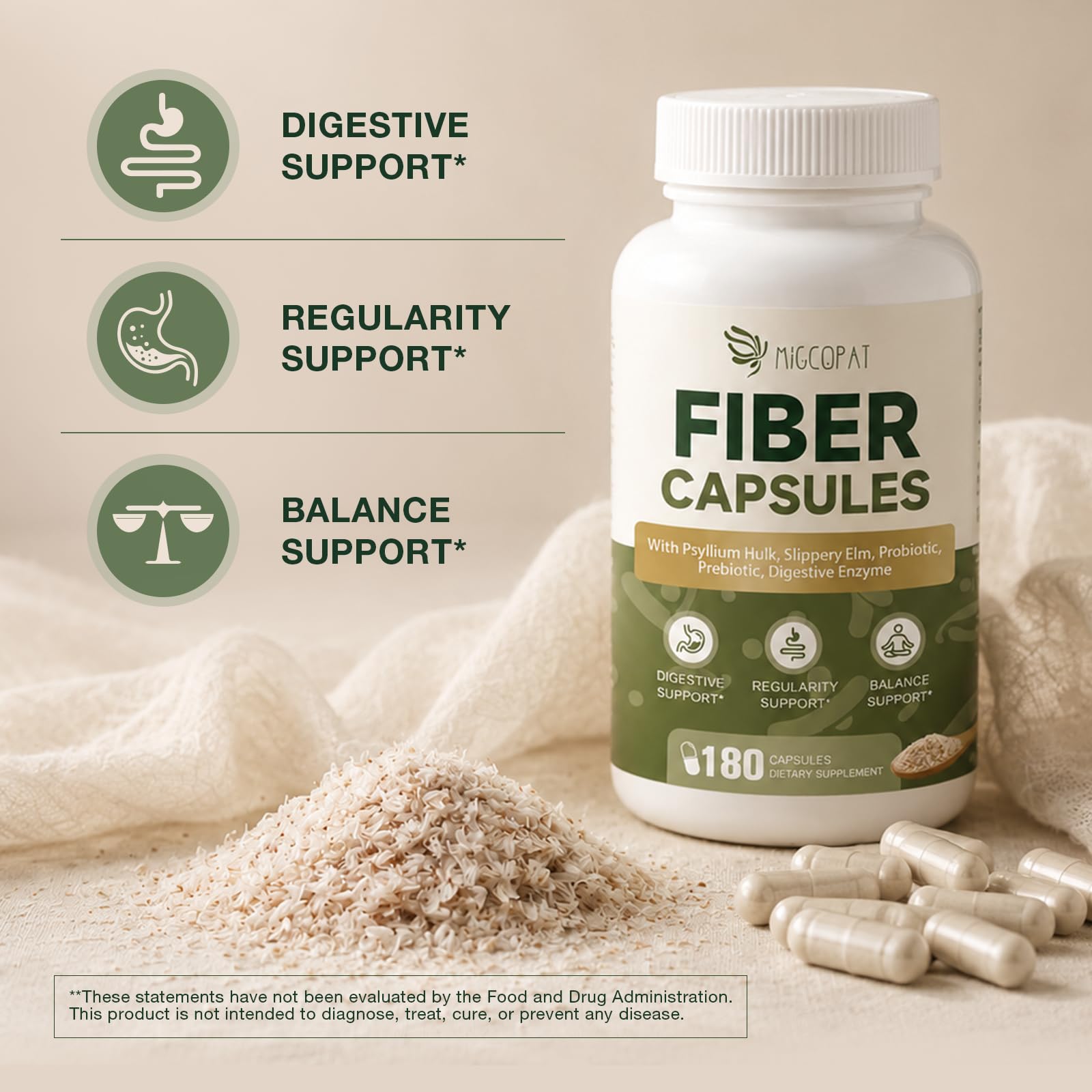 Migcopat Psyllium Husk Fiber Supplement 3000mg, with Slippery Elm & Aloe Vera | Probiotics, Prebiotics, Digestive Enzymes | Supports Gut Health & Regularity - 180 Capsules — Amazon image 2