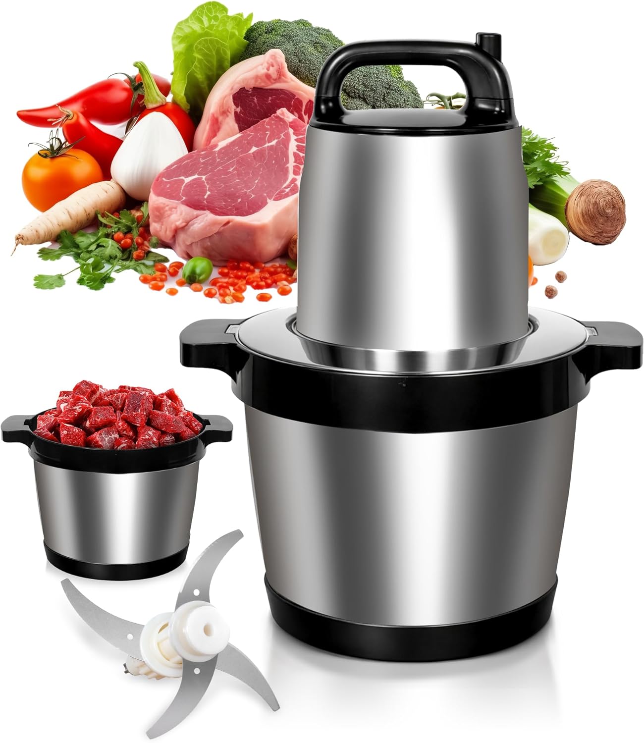 8L Meat Grinder for Home use, 1200W Large Food Processor，26-Cup Meat Grinder Electric with 2 Speed Modes & 4 Bi-Level Blades，Vegetable Chopper Electric for Onion, Meat, Nuts, Fruit, Meal Prep