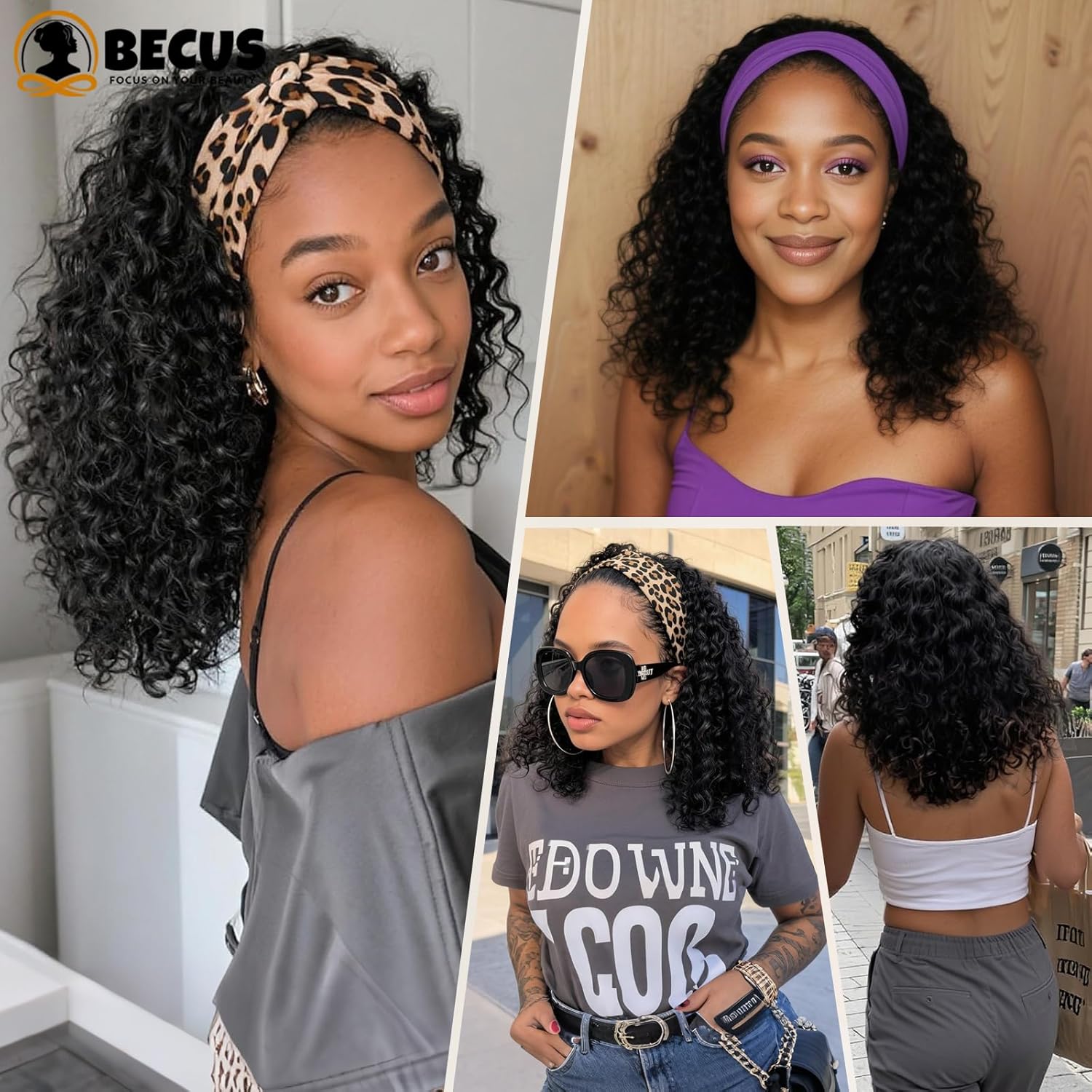 BECUS 12'' Curly Headband Wig for Black Women Synthetic Glueless Half Wig Natural Hairline Black Wavy Wigs for Women Headband Wigs Wear and Go for Daily Use Date Night