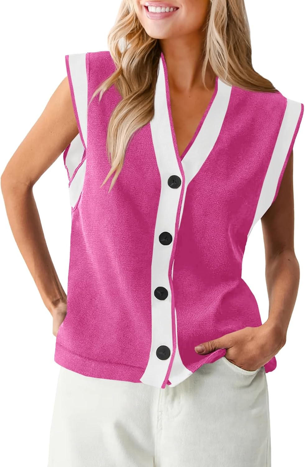 Saodimallsu Womens V Neck Sweater Vest Button Down Cap Sleeve Summer Trendy Color Block Loose Knit Tank Tops